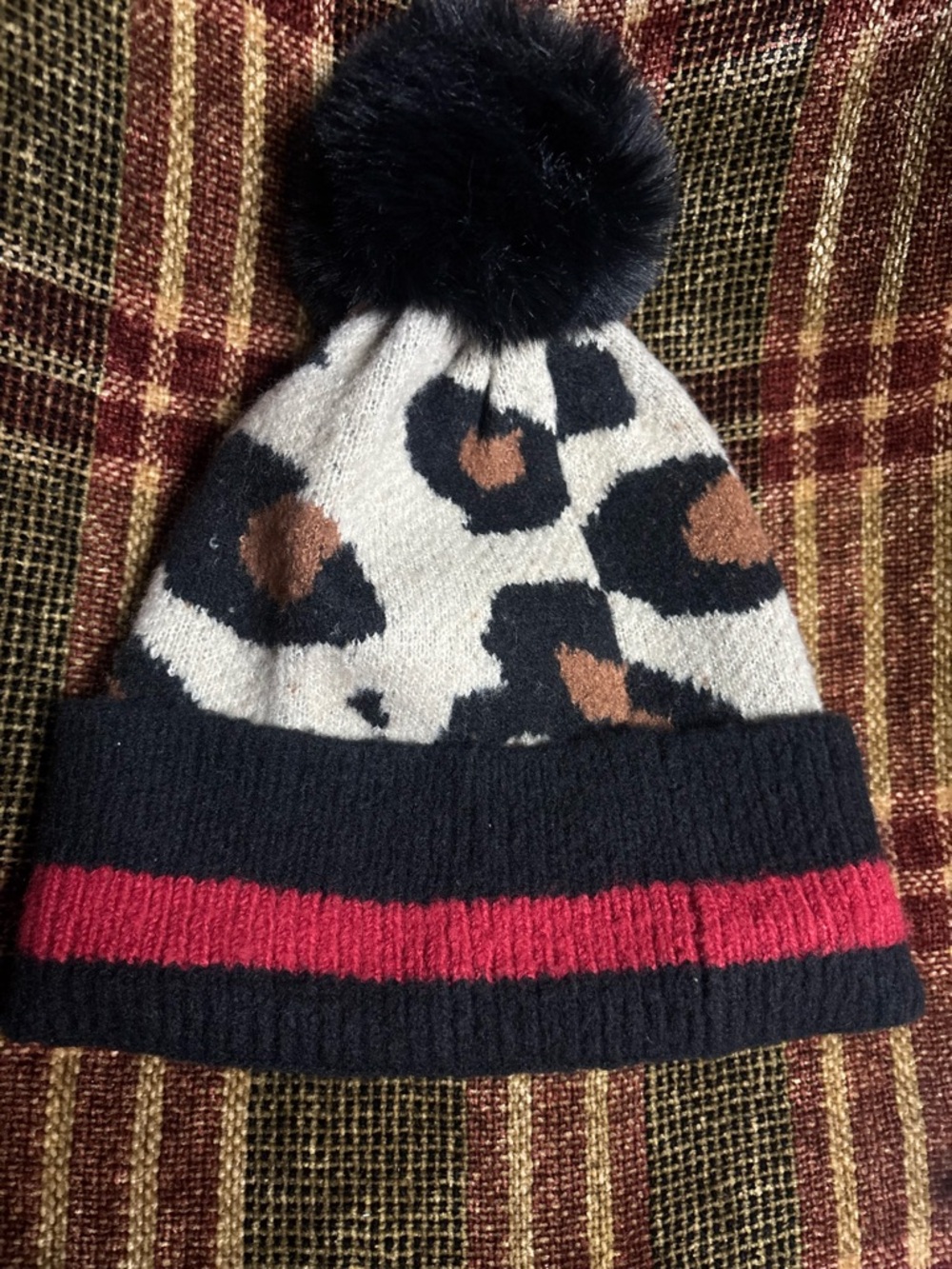 INC Leopard Print Pom Beanie Hat - Black, Brown, Cream